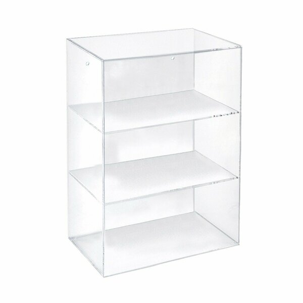 Azar Displays Acrylic Countertop Open Case 12.375'' Wide w/ 2 Non-Removable Shelves and Wall Hanging Holes 255658
